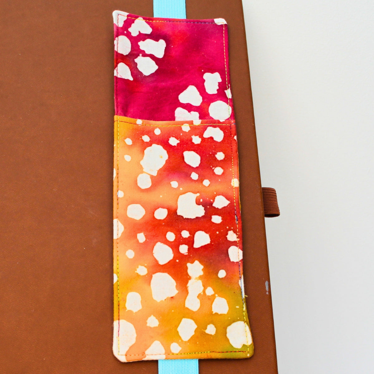 Handmade A4 fabric notebook pen pocket in Tie dye with patterns - light blue elastic — Dark Star Stitches 