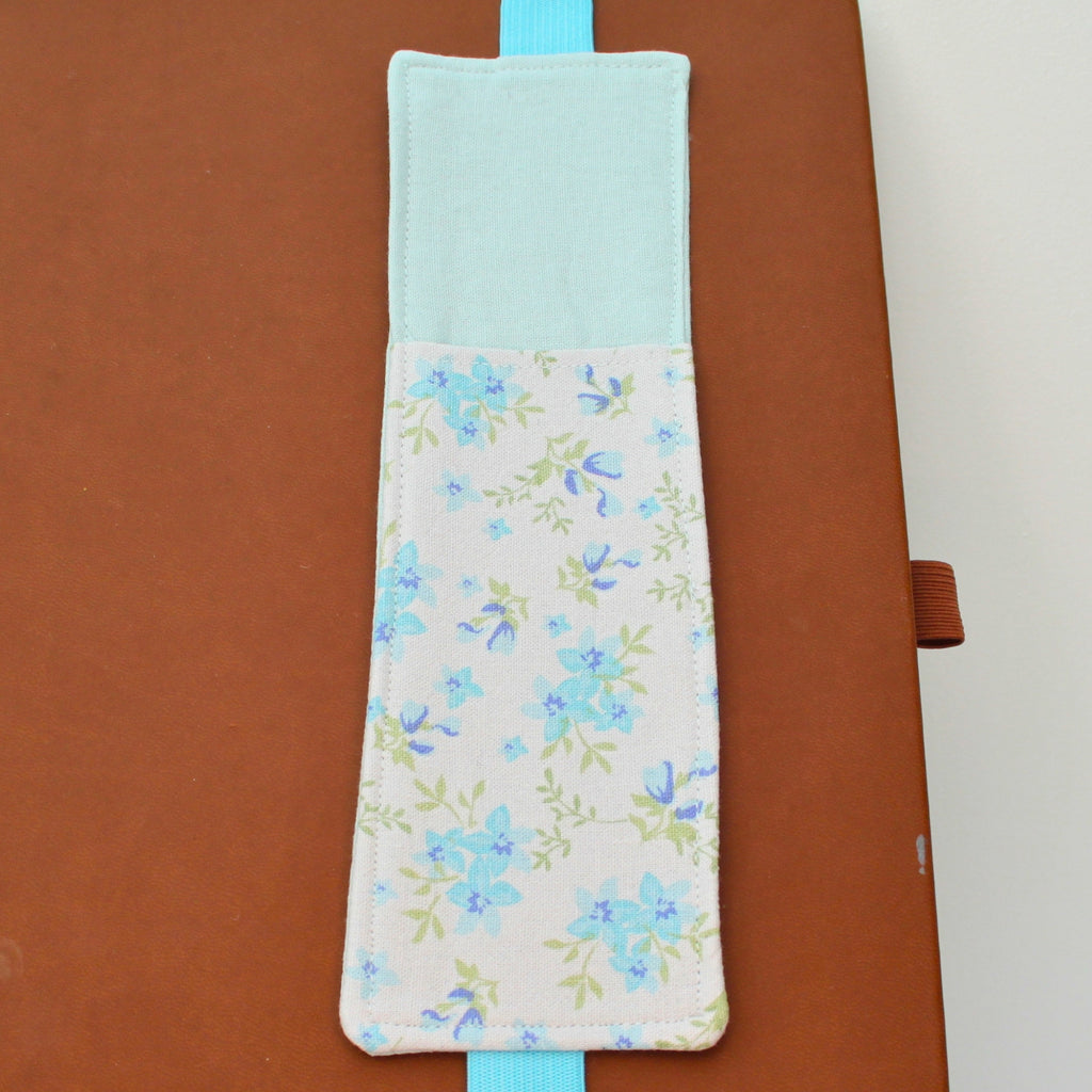 Handmade A4 fabric notebook pen pocket in Pale blue floral - light blue elastic— Dark Star Stitches 