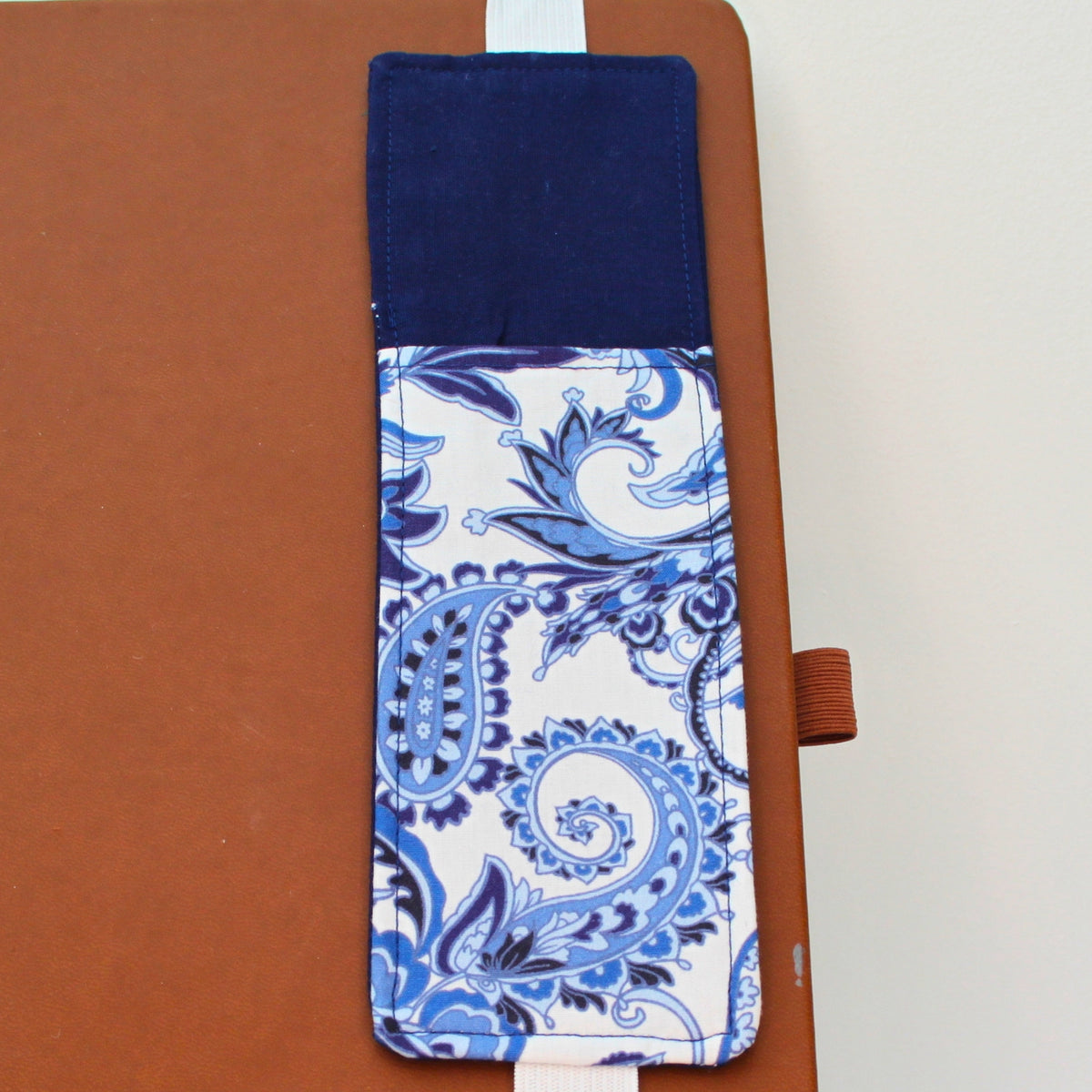 Handmade A4 fabric notebook pen pocket in Blue Paisley Print pocket - white elastic — Dark Star Stitches 