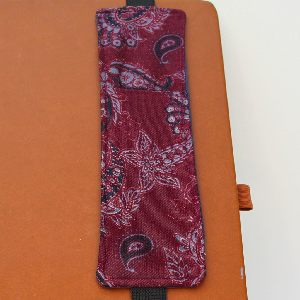 Handmade A4 fabric notebook pen pocket in [Burgundy and grey paisley - black elastic — Dark Star Stitches 