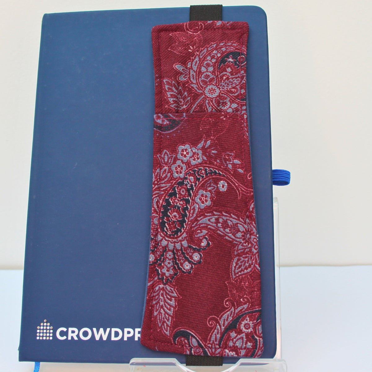 Handmade A5 fabric notebook pen pocket in burgundy and grey paisley pocket and inner, black elastic — Dark Star Stitches