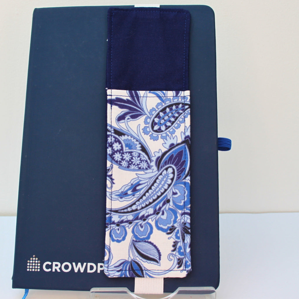 Handmade A5 fabric notebook pen pocket in blue paisley print, white elastic — Dark Star Stitches