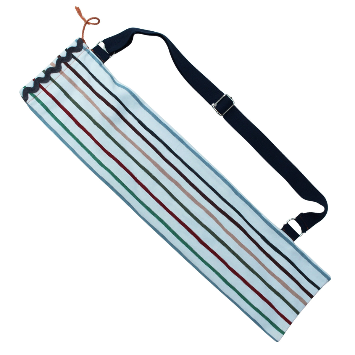 Handmade fabric baguette bag in multi-coloured stripes with navy strap — Dark Star Stitches