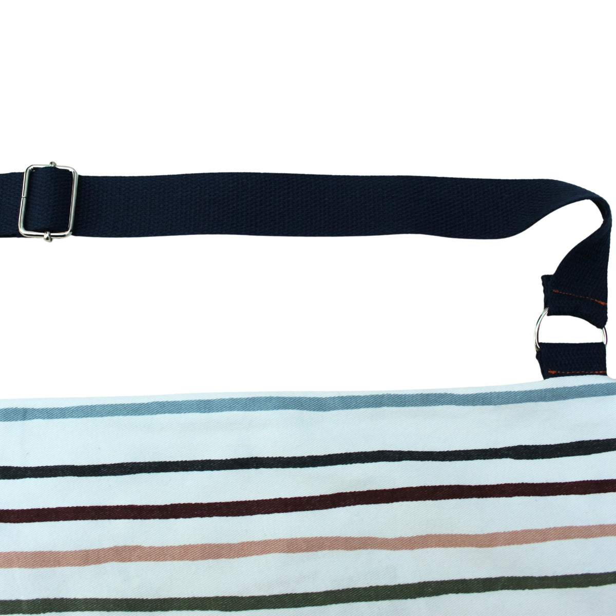 Strap detail on handmade fabric baguette bag in multi-coloured stripes with navy strap — Dark Star Stitches