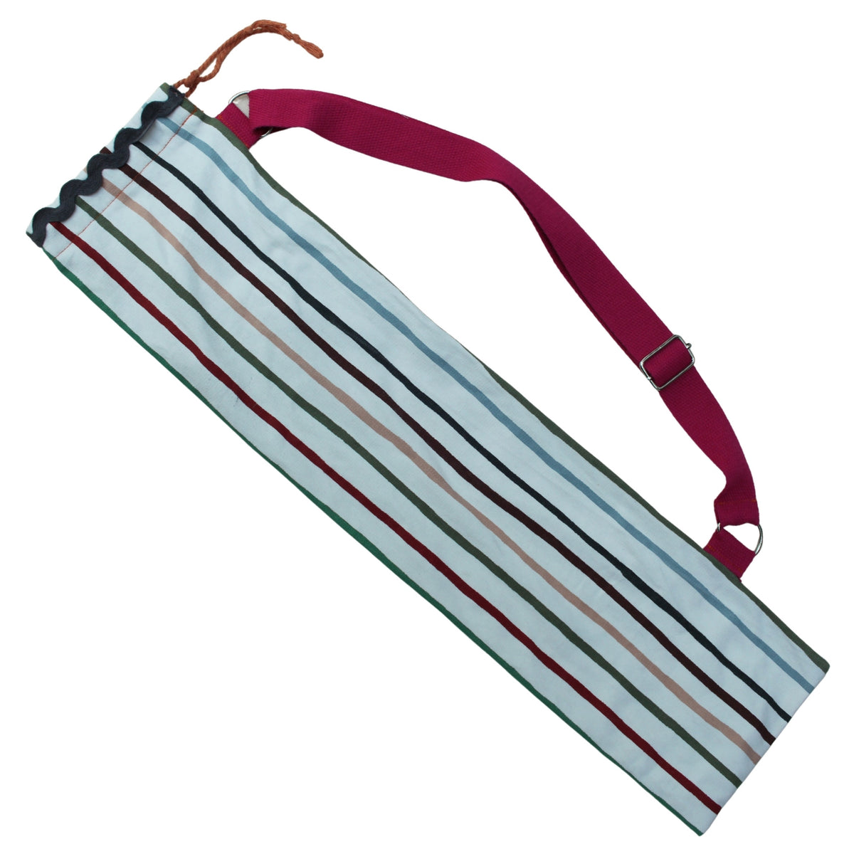 Handmade fabric baguette bag in multi-coloured stripes with pink straps — Dark Star Stitches
