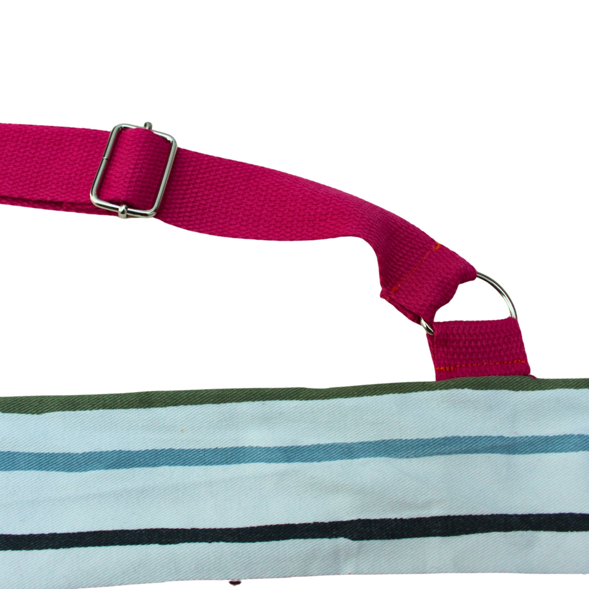 Strap detail on handmade fabric baguette bag in multi-coloured stripes with pink straps — Dark Star Stitches