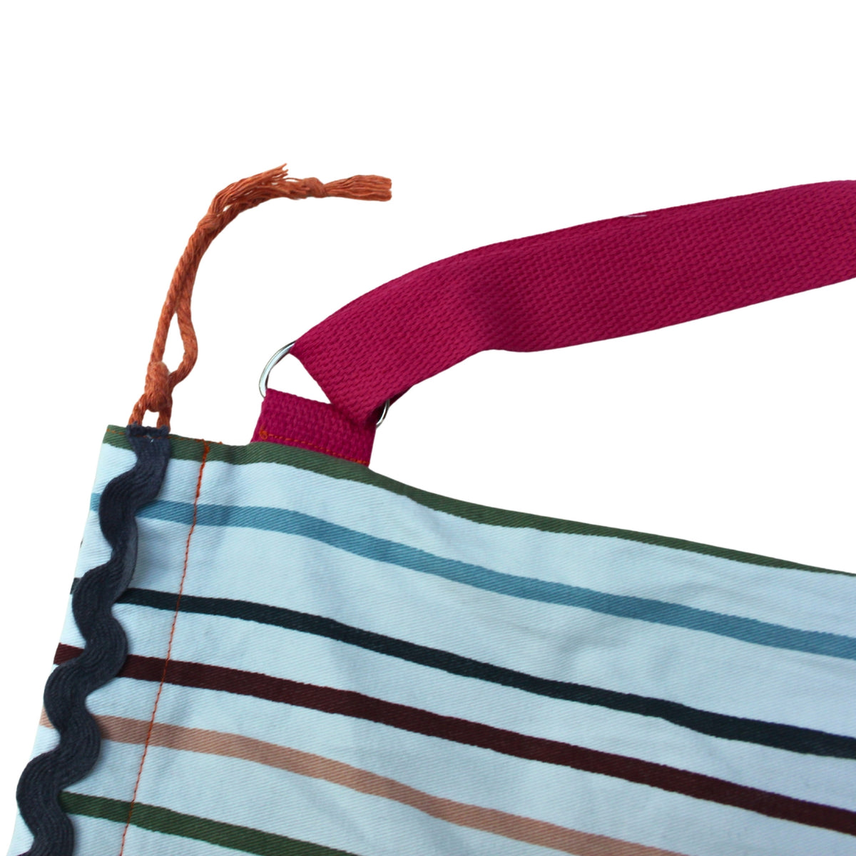 Tie detail on handmade fabric baguette bag in multi-coloured stripes with pink straps — Dark Star Stitches