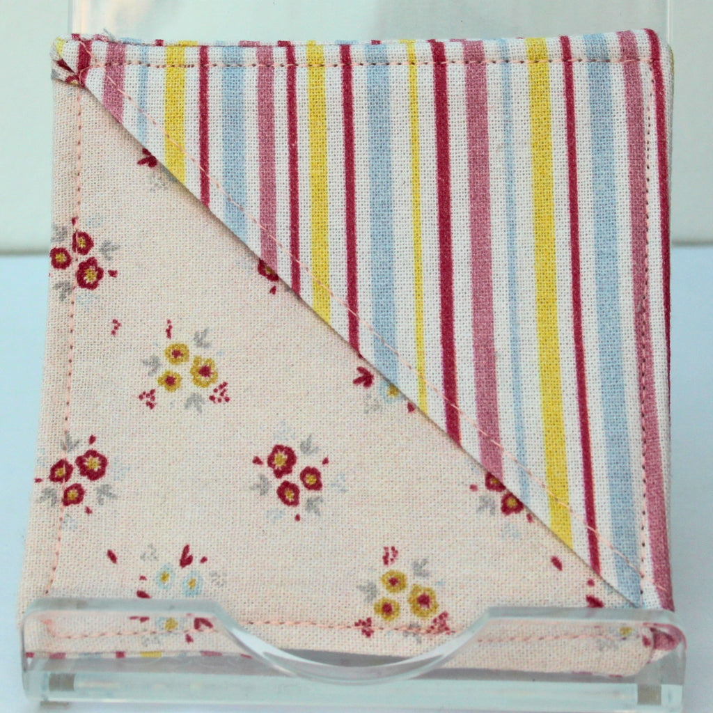 Handmade fabric bookmark in candy stripe corner and back with pale pink floral inner — Dark Star Stitches