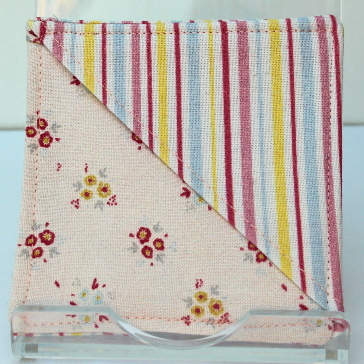 Handmade fabric bookmark in candy stripe corner and back with pale pink floral inner — Dark Star Stitches