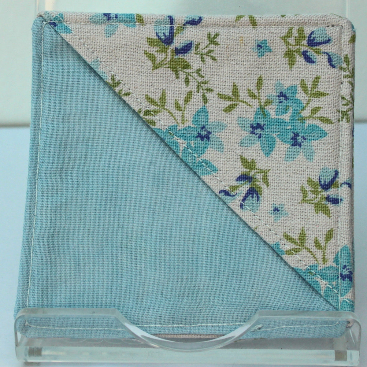 Handmade fabric bookmark in pale blue floral corner and back with pastel blue inner — Dark Star Stitches