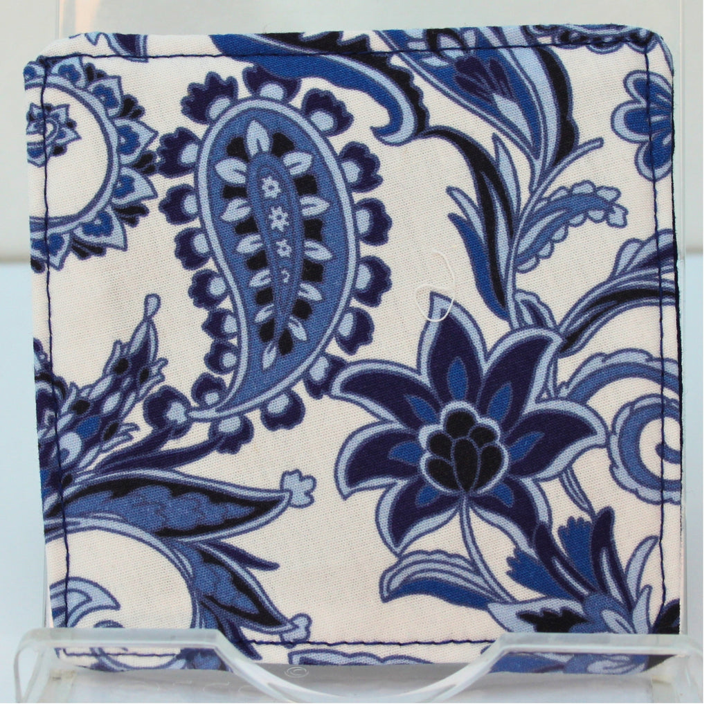 Reverse of handmade fabric bookmark in blue paisley print corner and back with dark blue inner — Dark Star Stitches