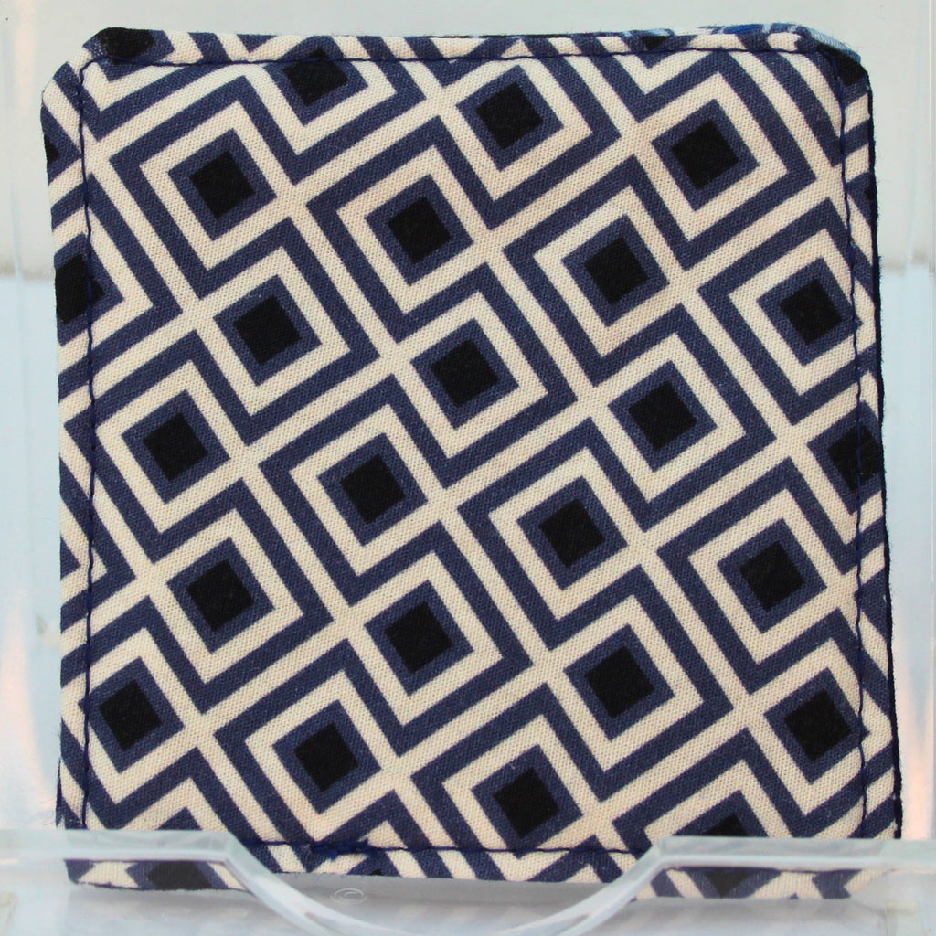 Reverse of handmade fabric bookmark in blue paisley corner with abstract square pattern back and dark blue inner — Dark Star Stitches