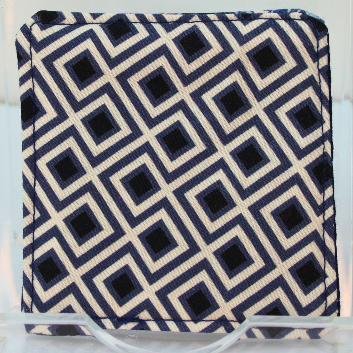 Reverse of handmade fabric bookmark in blue paisley corner with abstract square pattern back and dark blue inner — Dark Star Stitches