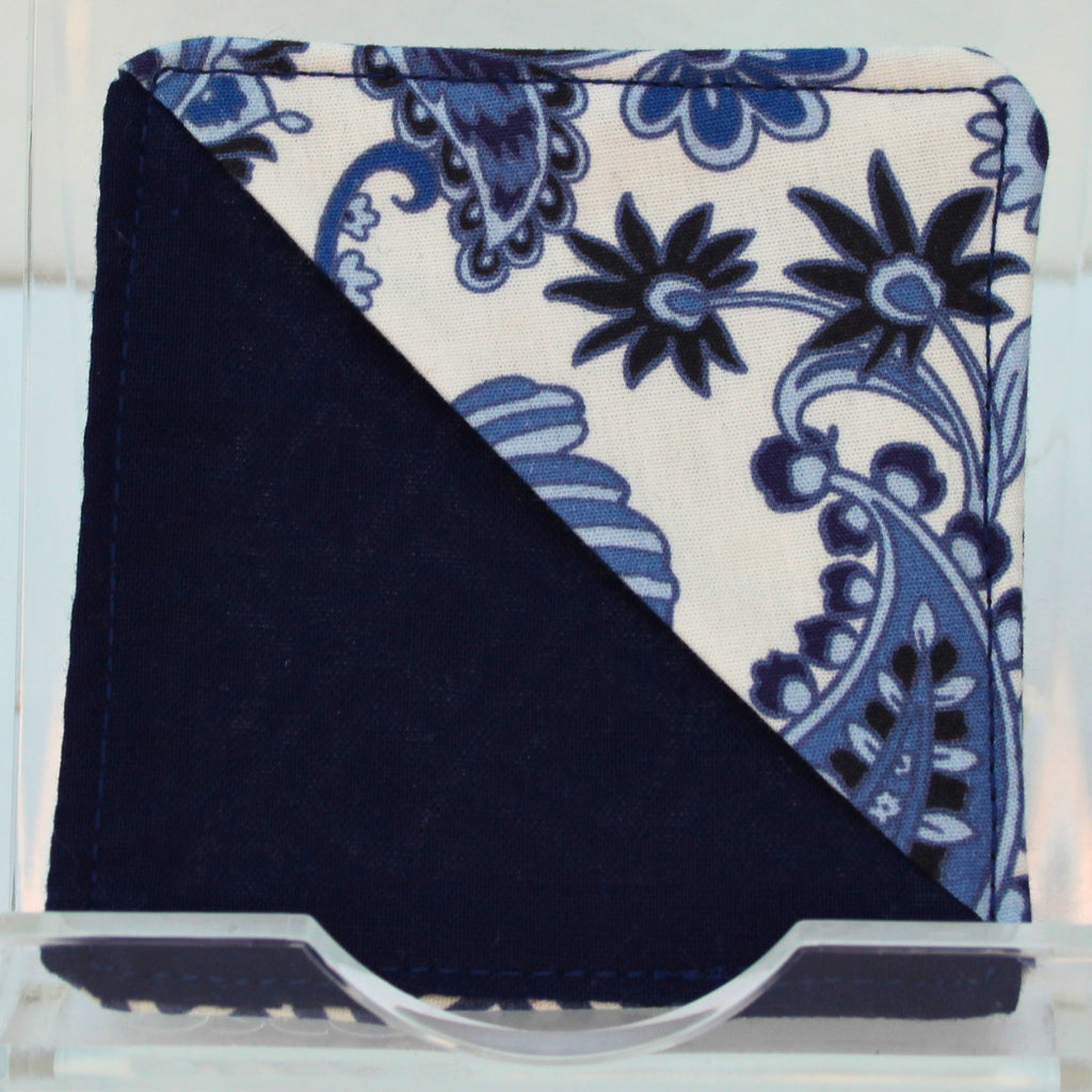Handmade fabric bookmark in blue paisley corner with abstract square pattern back and dark blue inner — Dark Star Stitches