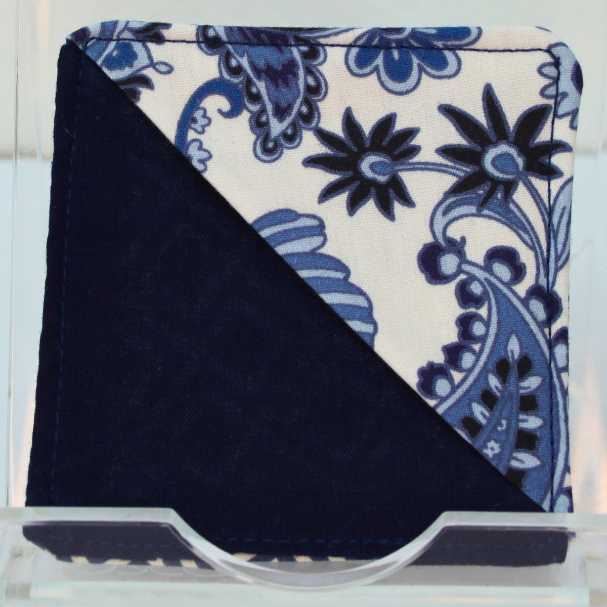 Handmade fabric bookmark in blue paisley corner with abstract square pattern back and dark blue inner — Dark Star Stitches