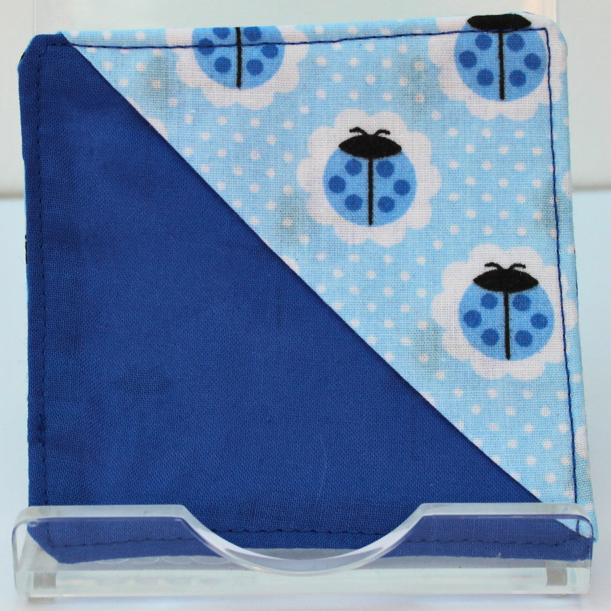Handmade fabric bookmark in blue ladybird with white dot corner and back with mid blue inner — Dark Star Stitches