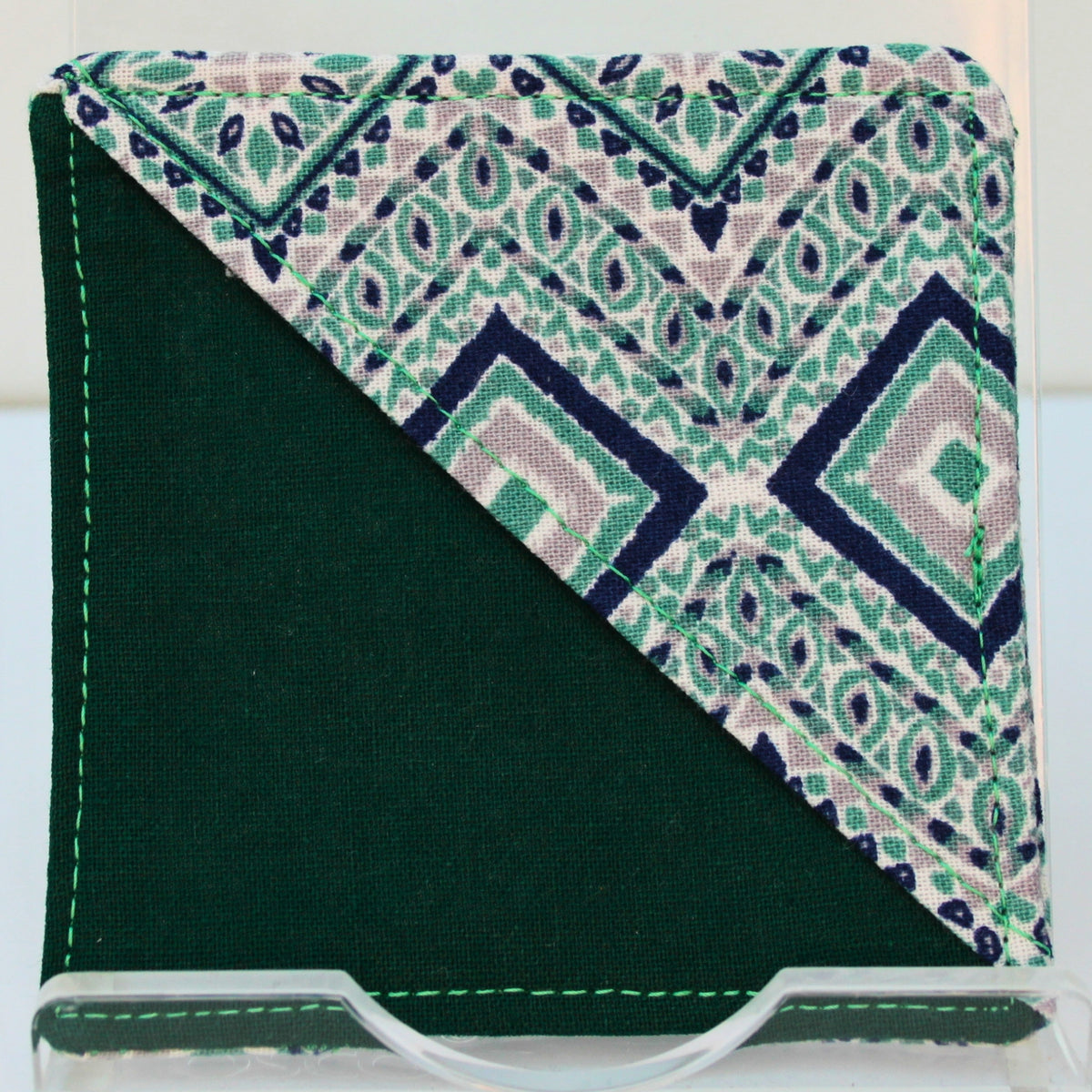 Handmade fabric bookmark in green/blue/grey diamond pattern corner and back with dark green inner — Dark Star Stitches