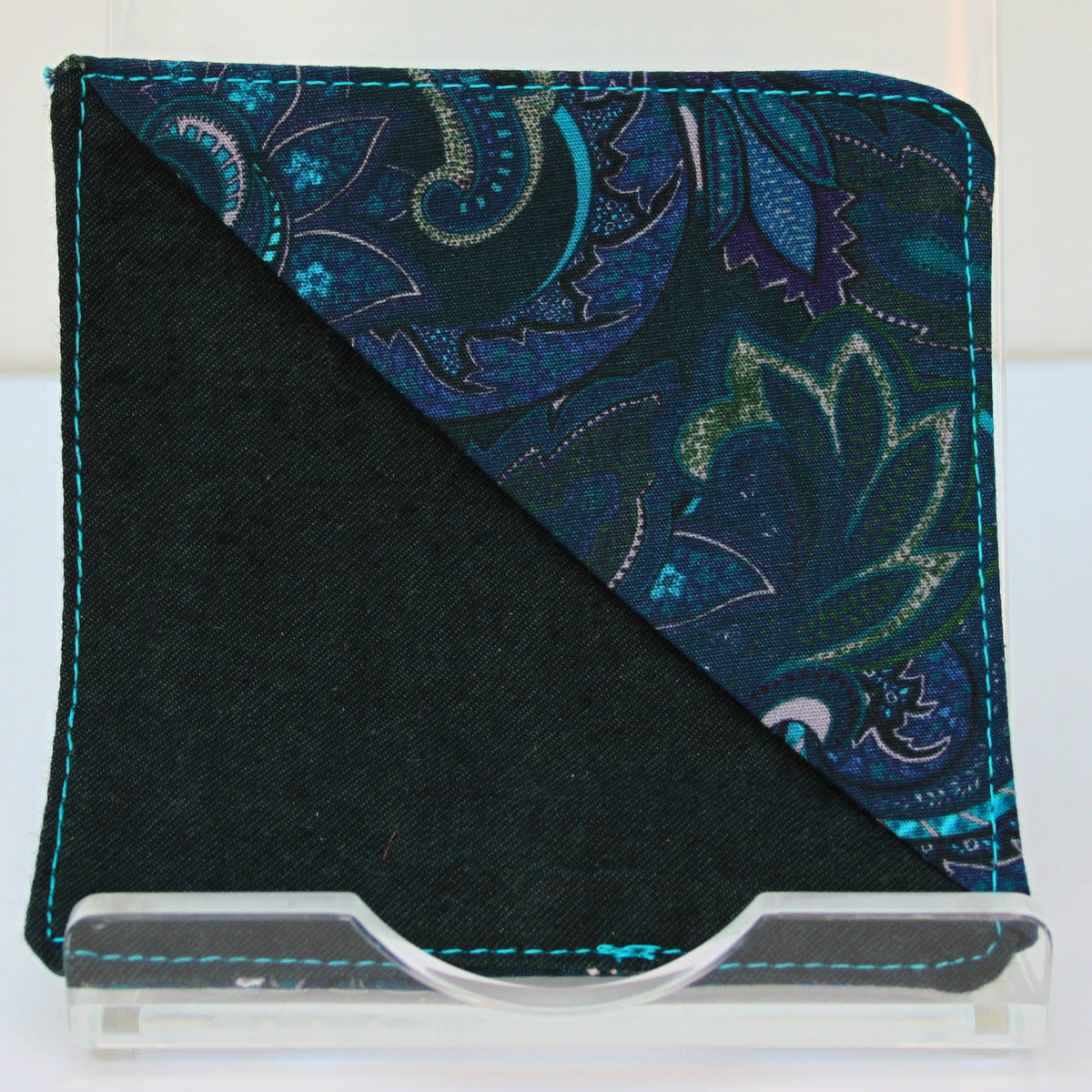 Handmade fabric bookmark in electric blue and pink paisley on green corner and back with dark green inner — Dark Star Stitches