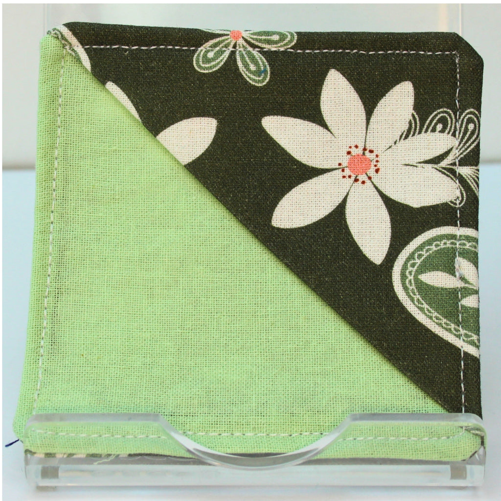 Handmade fabric bookmark in white floral on dark green corner and back with pale green inner — Dark Star Stitches