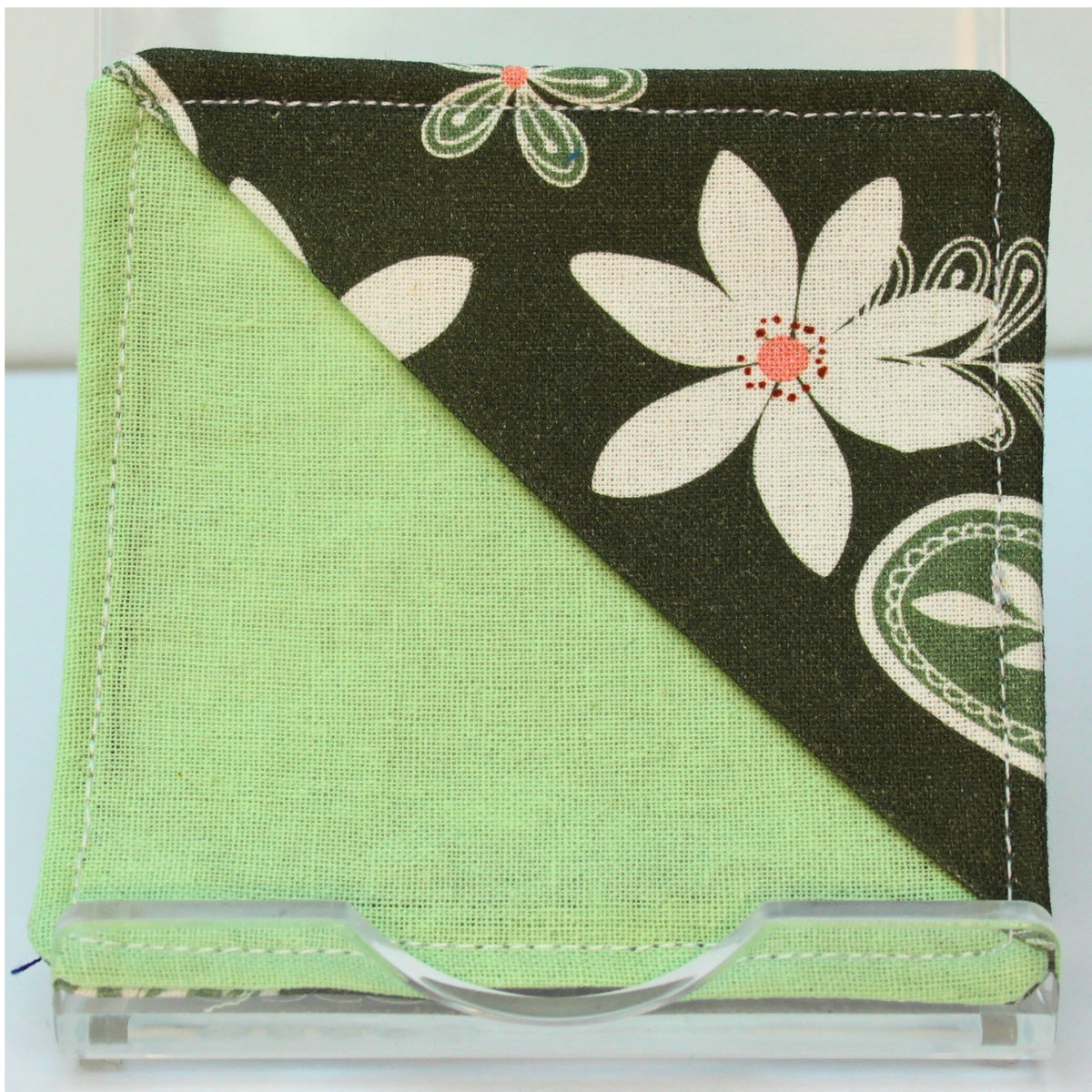 Handmade fabric bookmark in white floral on dark green corner and back with pale green inner — Dark Star Stitches