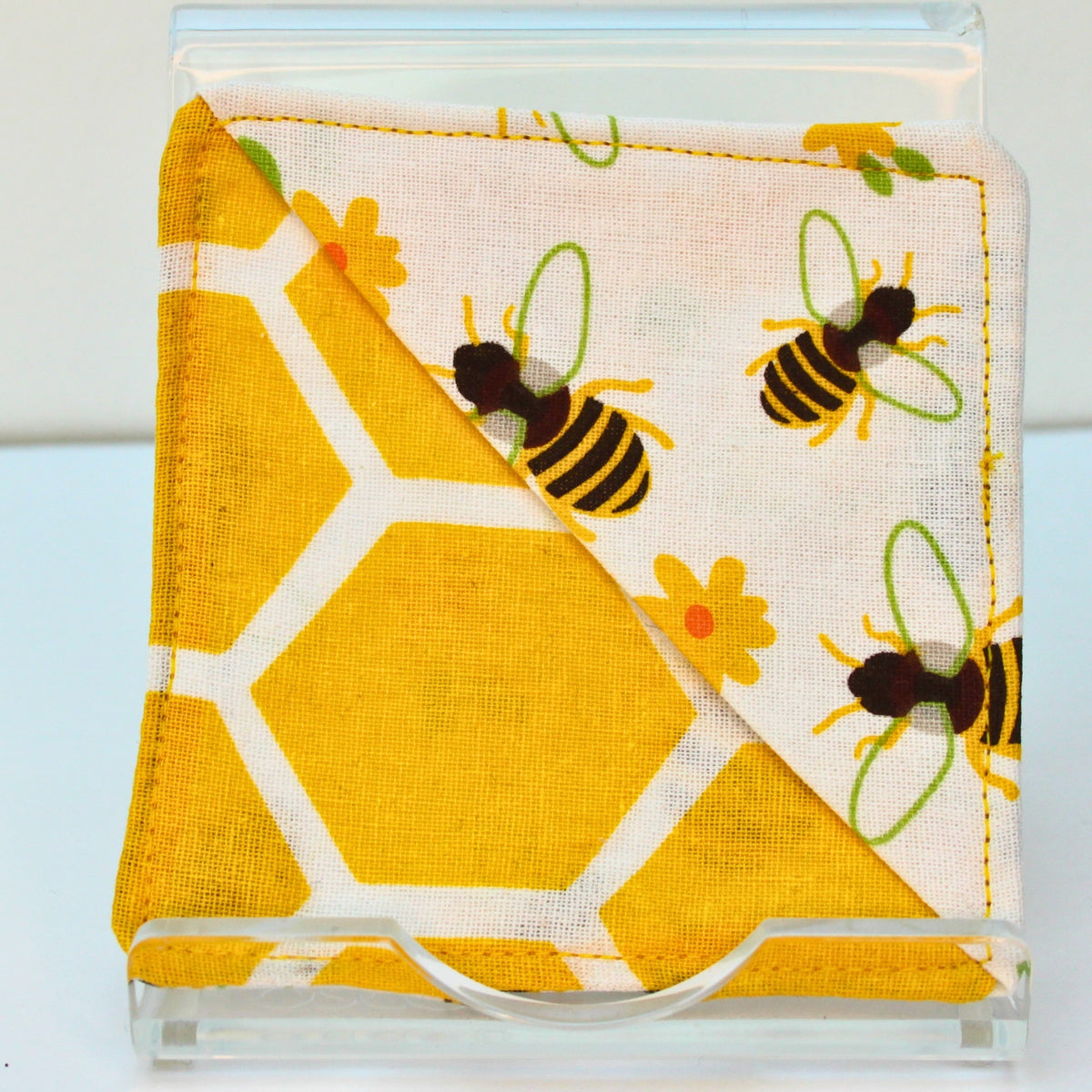 Handmade fabric bookmark in bees with green wings corner and back with yellow honeycomb inner — Dark Star Stitches