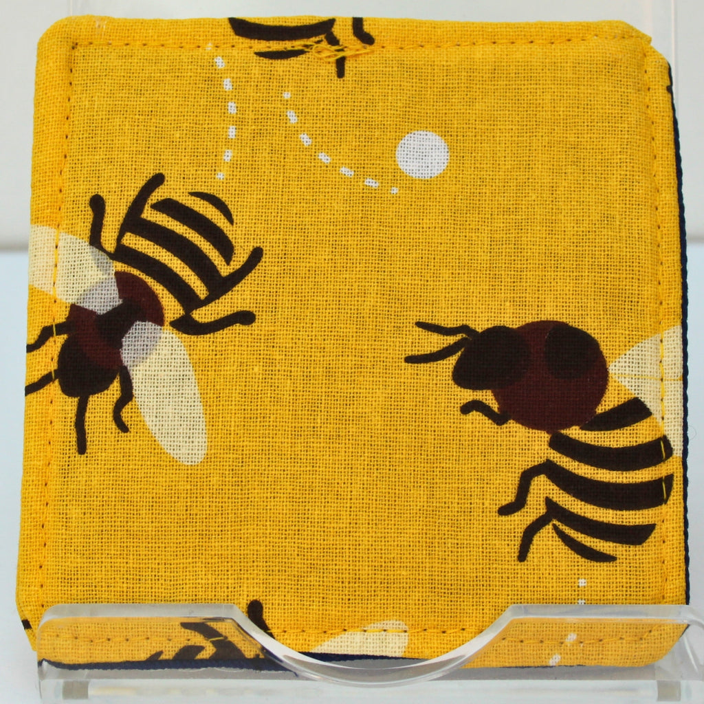 Reverse of handmade fabric bookmark in bee on dark yellow corner and back with dark blue inner — Dark Star Stitches