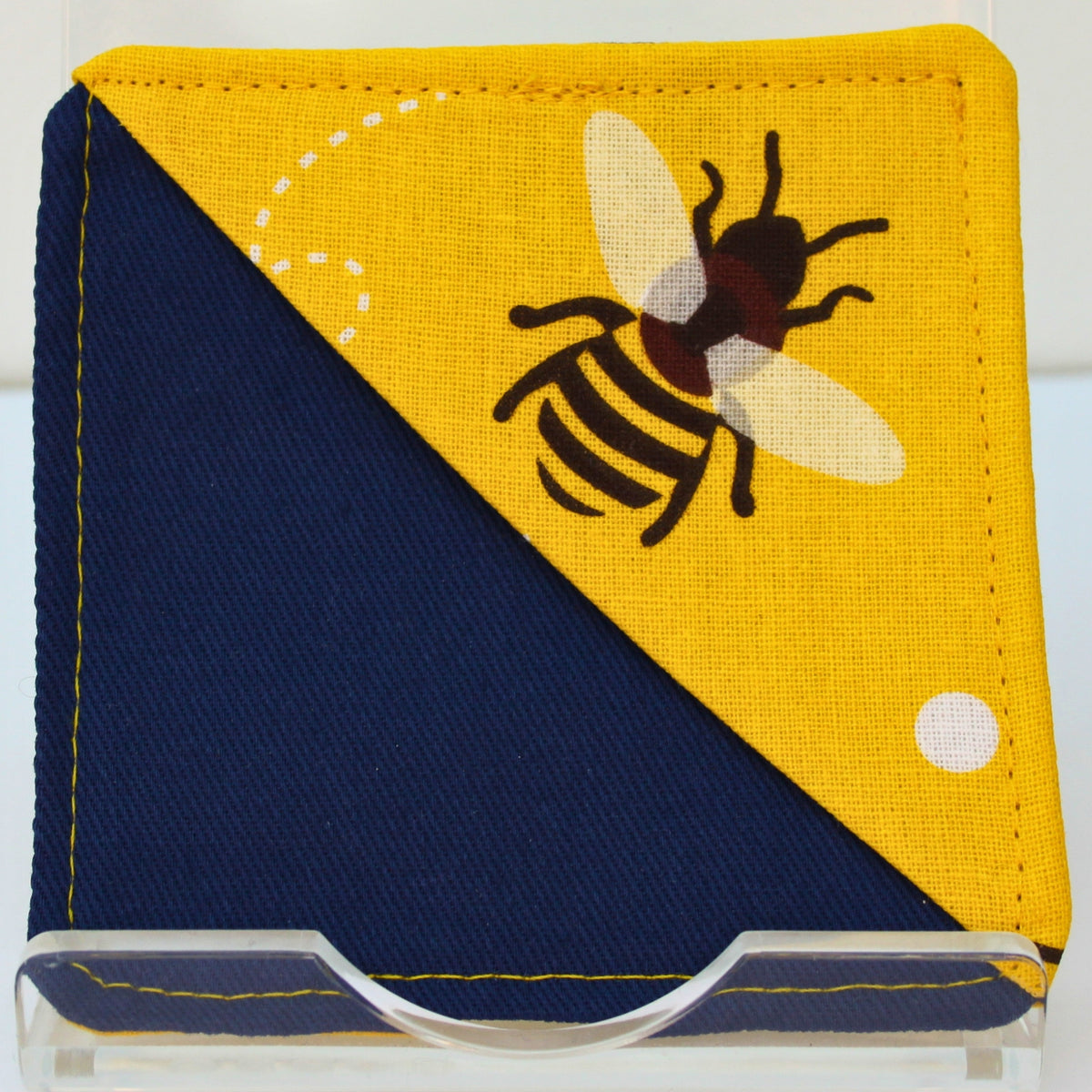 Handmade fabric bookmark in bee on dark yellow corner and back with dark blue inner — Dark Star Stitches