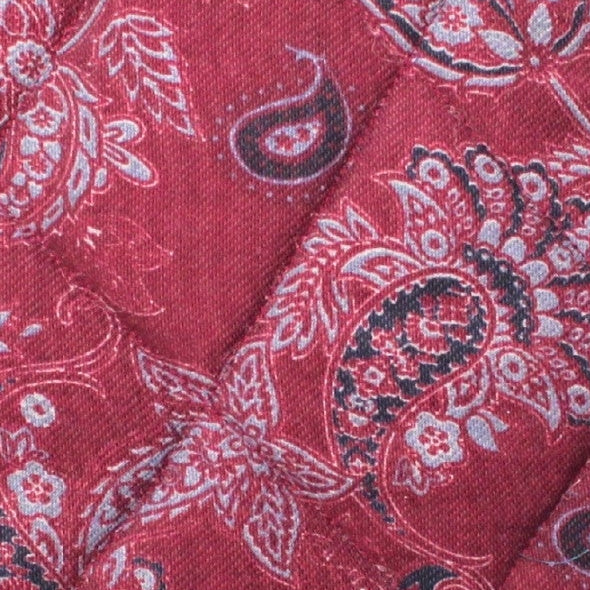 Close-up of burgundy and grey paisley pattern on cotton fabric used in handmade quilted booksleeve set — Dark Star Stitches