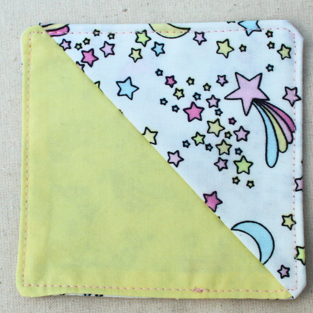 Handmade fabric bookmark in pastel moons and stars cotton — part of booksleeve set by Dark Star Stitches