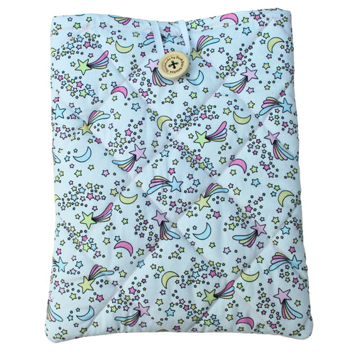 Quilted handmade booksleeve in pastel moons and stars cotton with front pocket — Dark Star Stitches