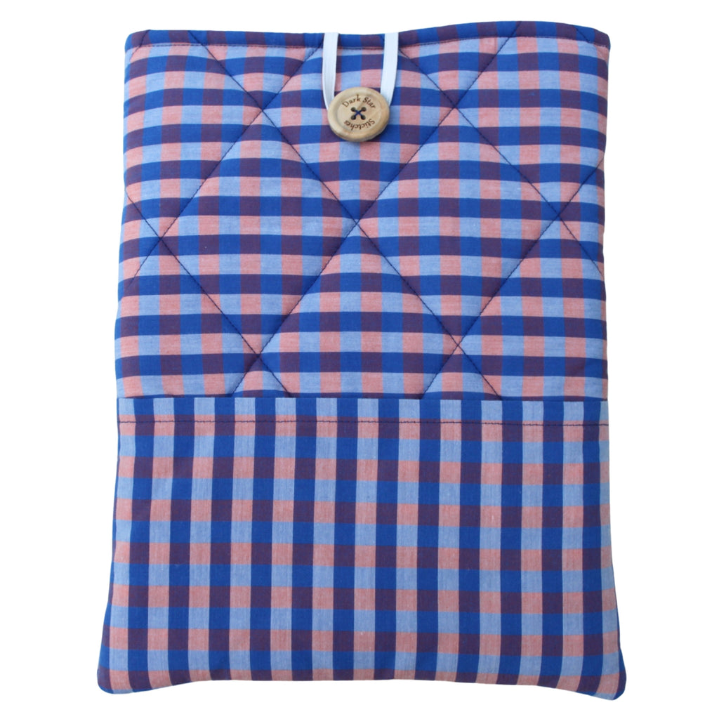Quilted handmade booksleeve in orange and blue check cotton with front pocket — Dark Star Stitches
