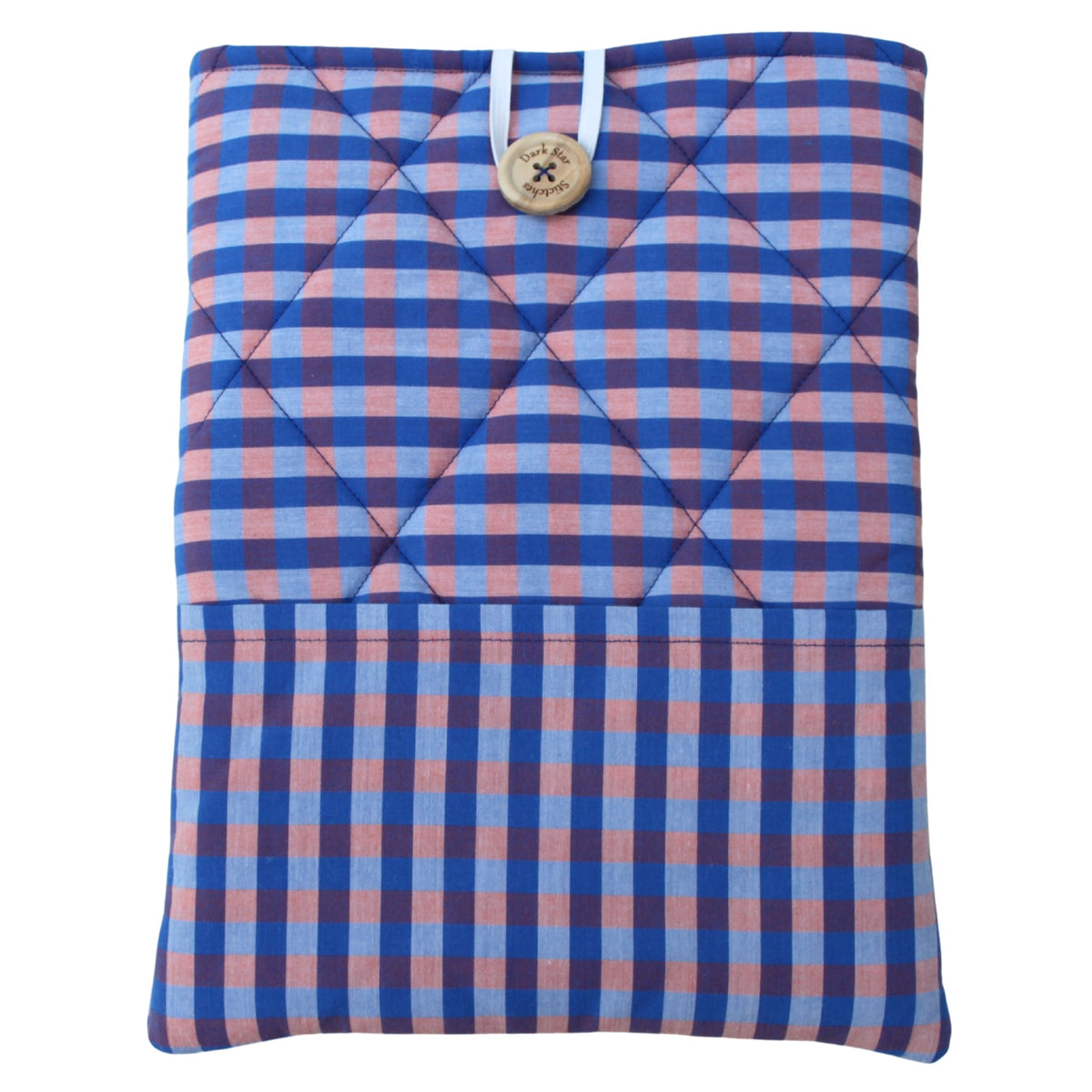 Quilted handmade booksleeve in orange and blue check cotton with front pocket — Dark Star Stitches