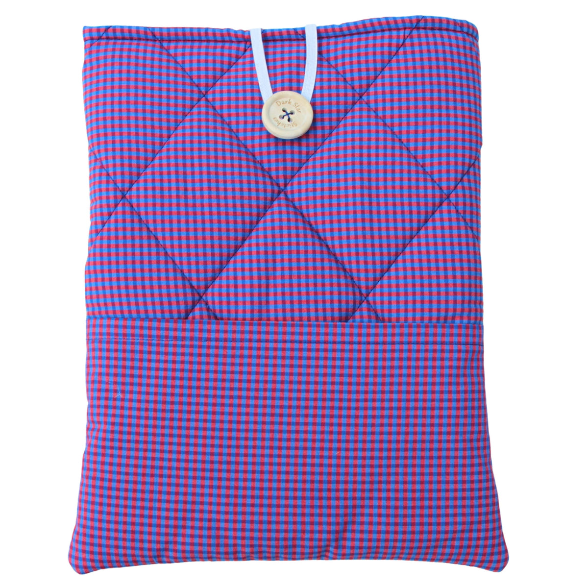 Quilted handmade booksleeve in red and blue check cotton with front pocket — Dark Star Stitches