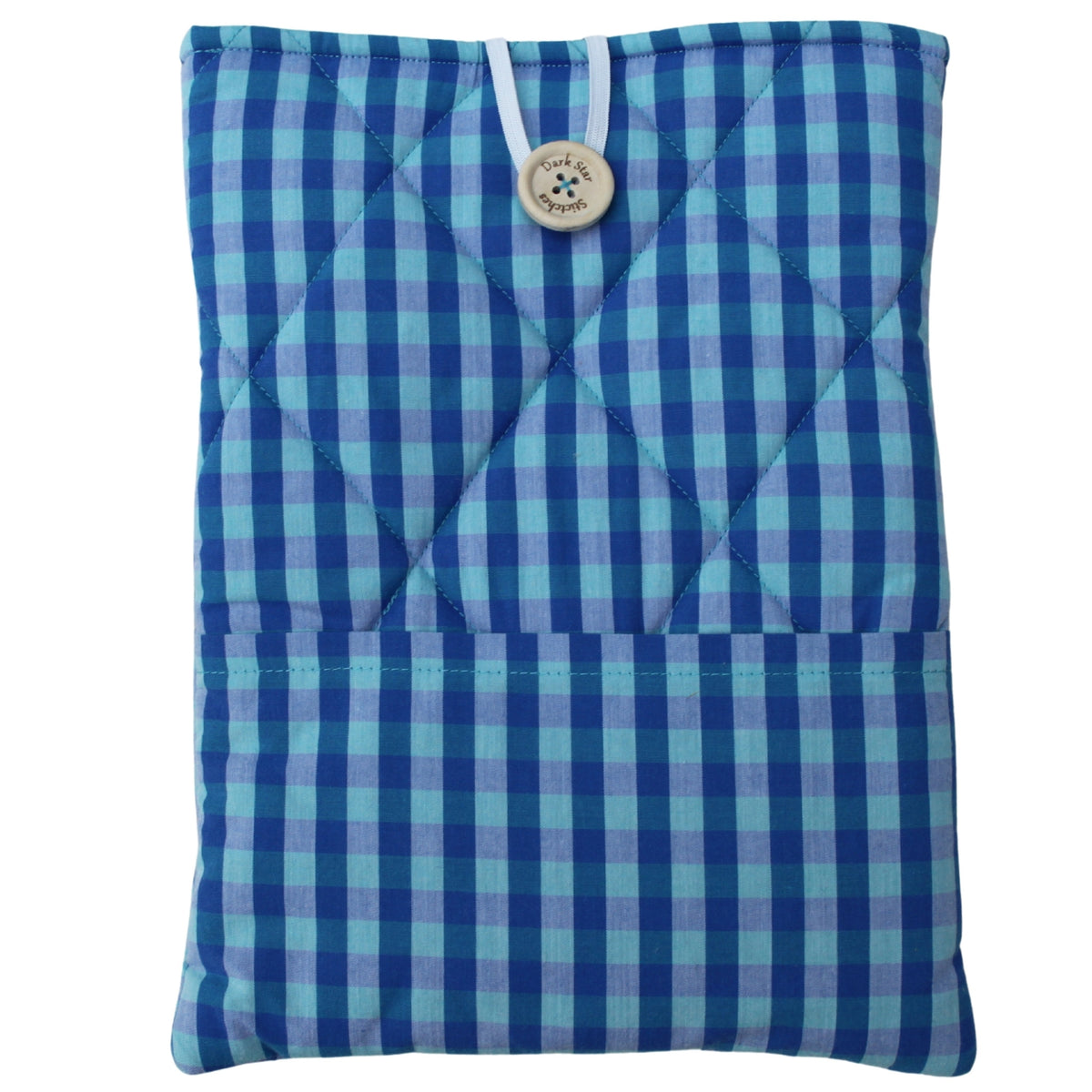 Quilted handmade booksleeve in light and dark blue check cotton with front pocket — Dark Star Stitches