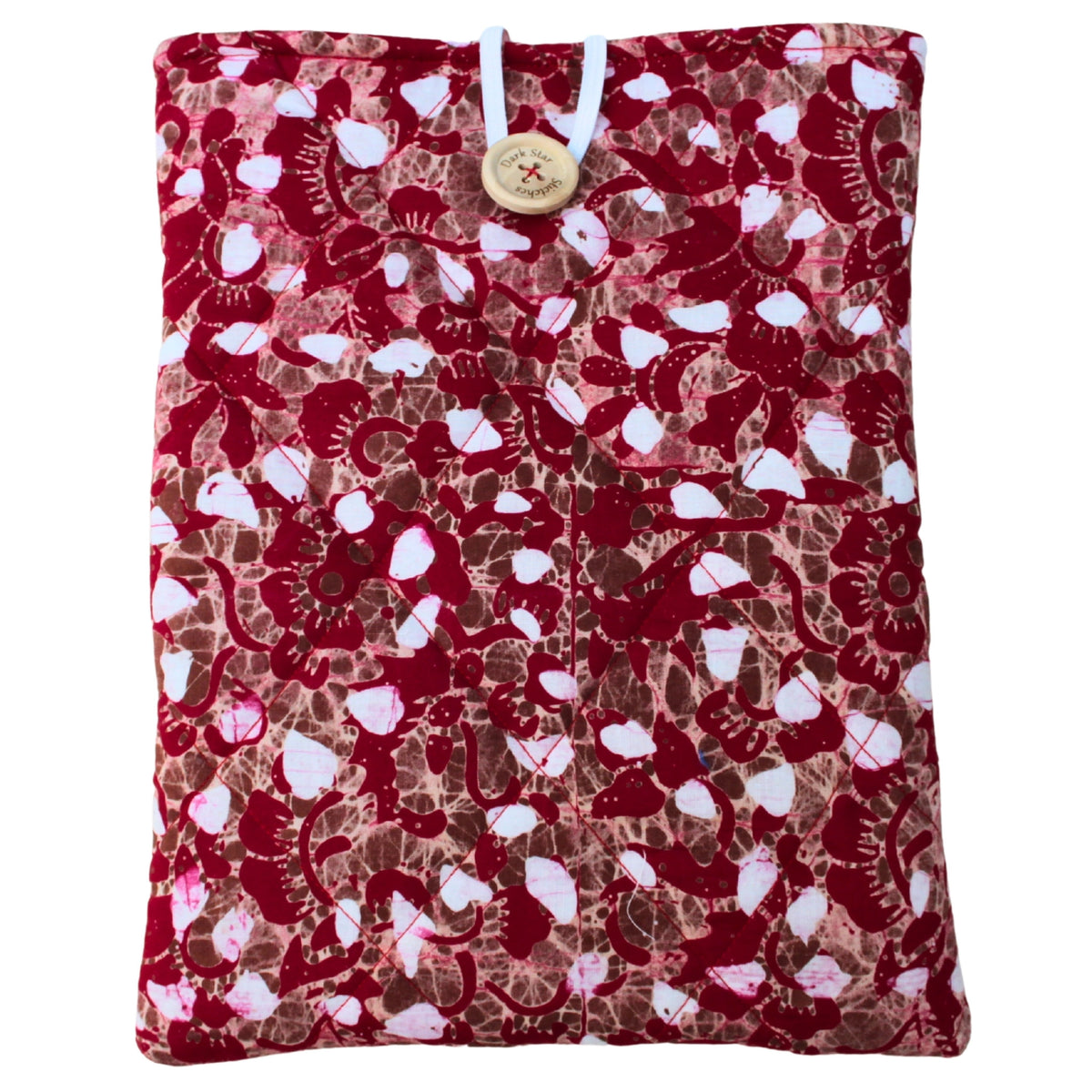 Quilted handmade booksleeve in red, brown and white patterned cotton with front pocket — Dark Star Stitches