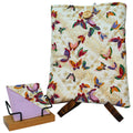 Handmade booksleeve set with multi-coloured butterflies on cream cotton fabric, including quilted booksleeve and fabric bookmark