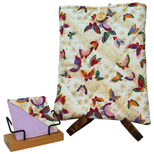Handmade booksleeve set with multi-coloured butterflies on cream cotton fabric, including quilted booksleeve and fabric bookmark