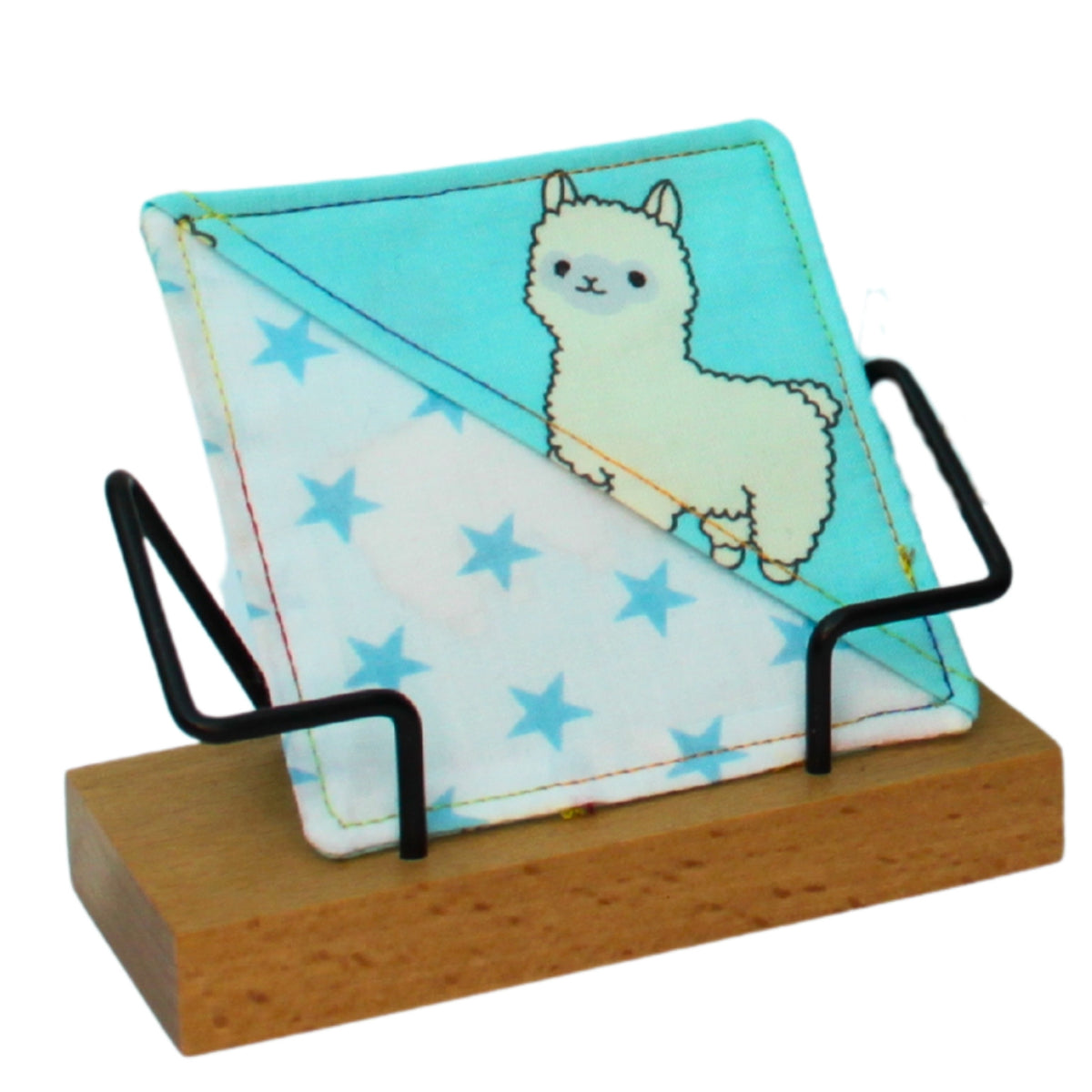 Handmade fabric bookmark in cartoon alpaca bright blue cotton — part of booksleeve set by Dark Star Stitches