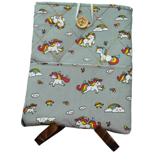 Quilted handmade booksleeve in cartoon unicorn grey fabric with pink star lining and front pocket