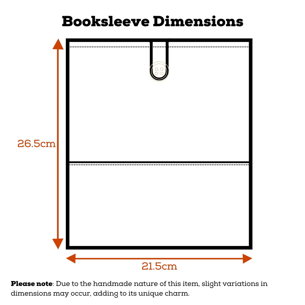 Dimensions guide for handmade quilted booksleeve in cartoon unicorn grey fabric.