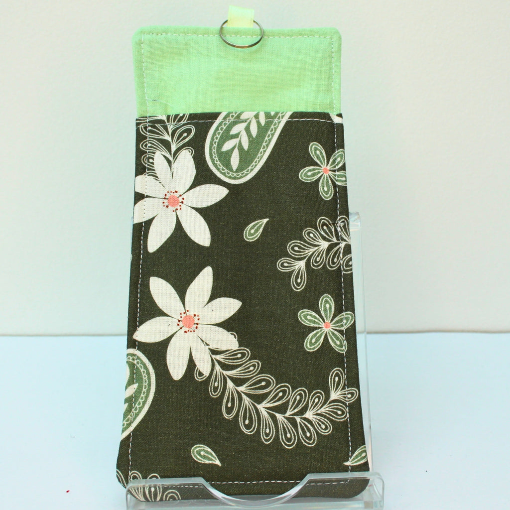 Reverse of handmade double sided lanyard pocket in white floral on dark green fabric, pale green ribbon — Dark Star Stitches