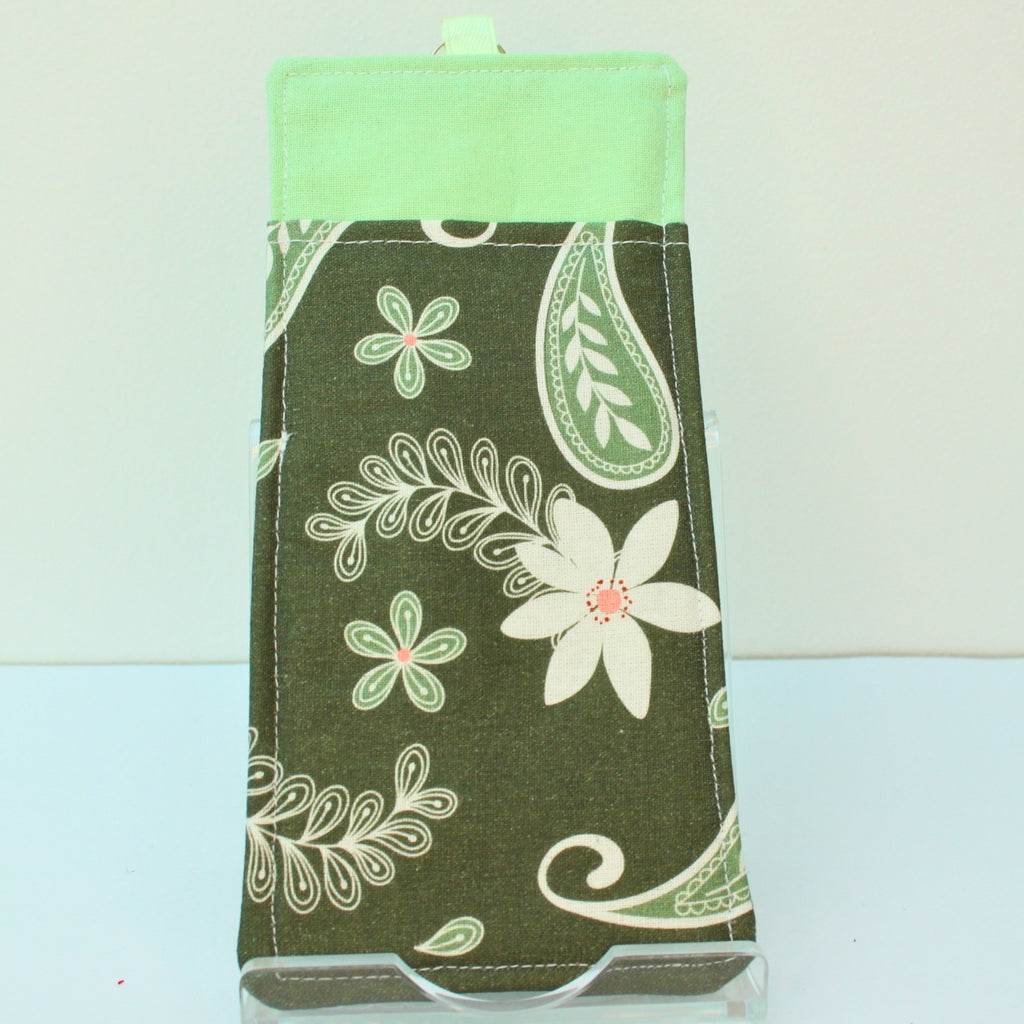 Handmade double sided lanyard pocket in white floral on dark green fabric, pale green ribbon — Dark Star Stitches