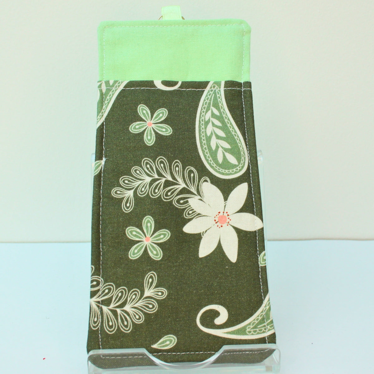 Handmade double sided lanyard pocket in white floral on dark green fabric, pale green ribbon — Dark Star Stitches