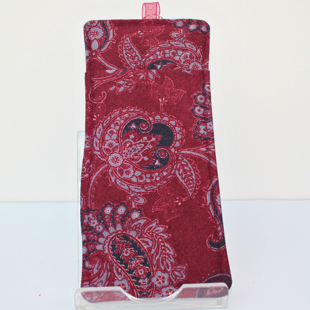 Handmade double sided lanyard pocket in burgundy and grey paisley with inner lining fabric, burgundy ribbon — Dark Star Stitches