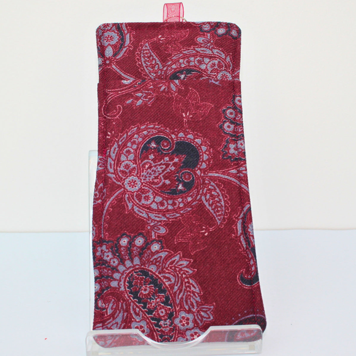 Handmade double sided lanyard pocket in burgundy and grey paisley with inner lining fabric, burgundy ribbon — Dark Star Stitches