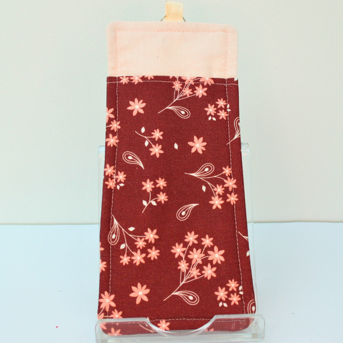 Handmade double sided lanyard pocket in pink flowers on burnt red fabric, pale pink ribbon — Dark Star Stitches