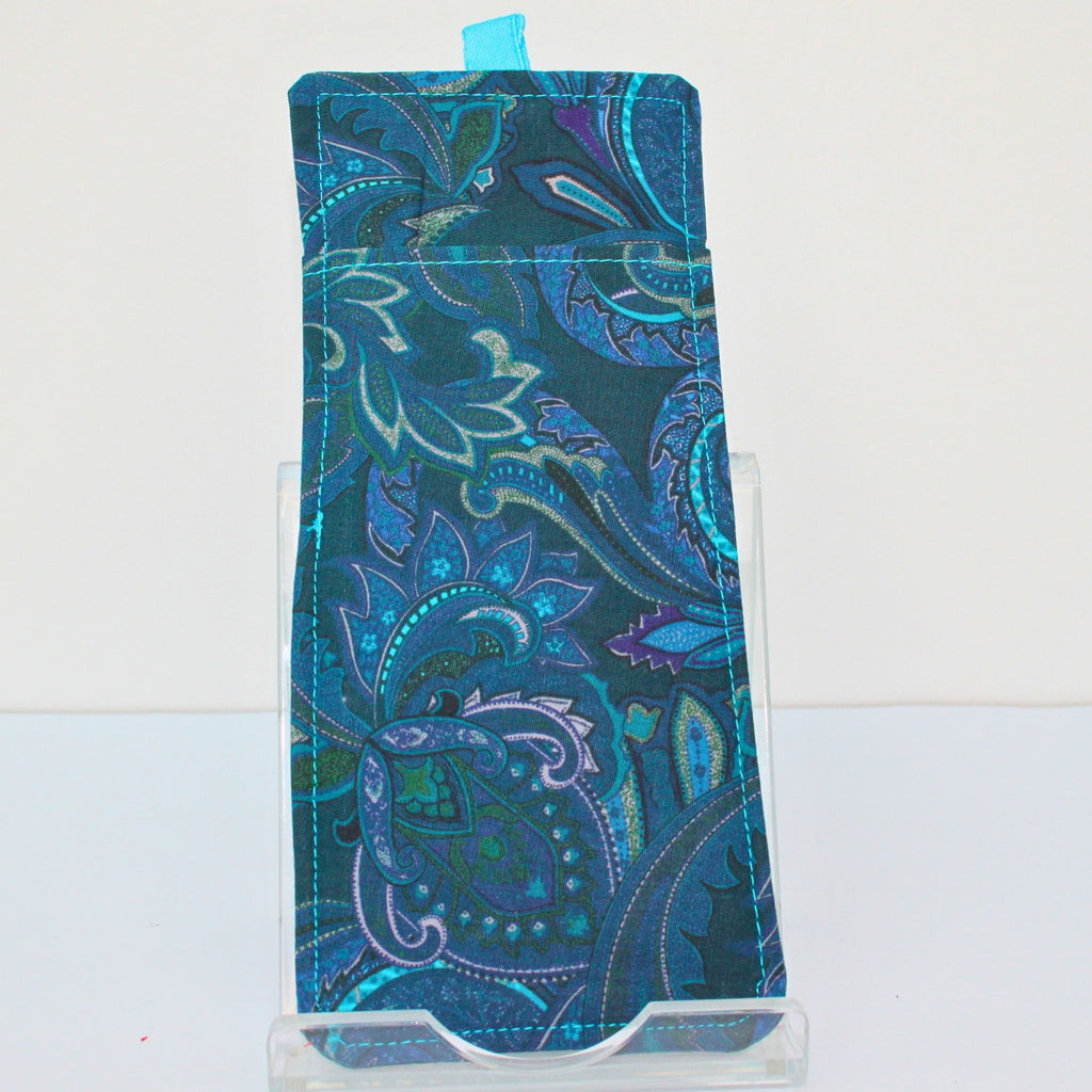 Reverse of handmade double sided lanyard pocket in electric blue and pink paisley on green fabric, electric blue ribbon — Dark Star Stitches