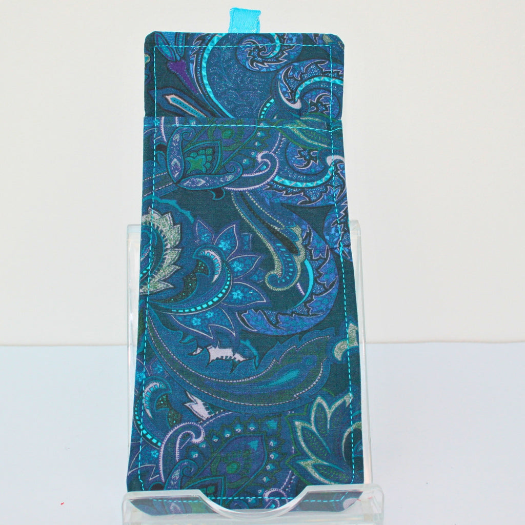 Handmade double sided lanyard pocket in electric blue and pink paisley on green fabric, electric blue ribbon — Dark Star Stitches