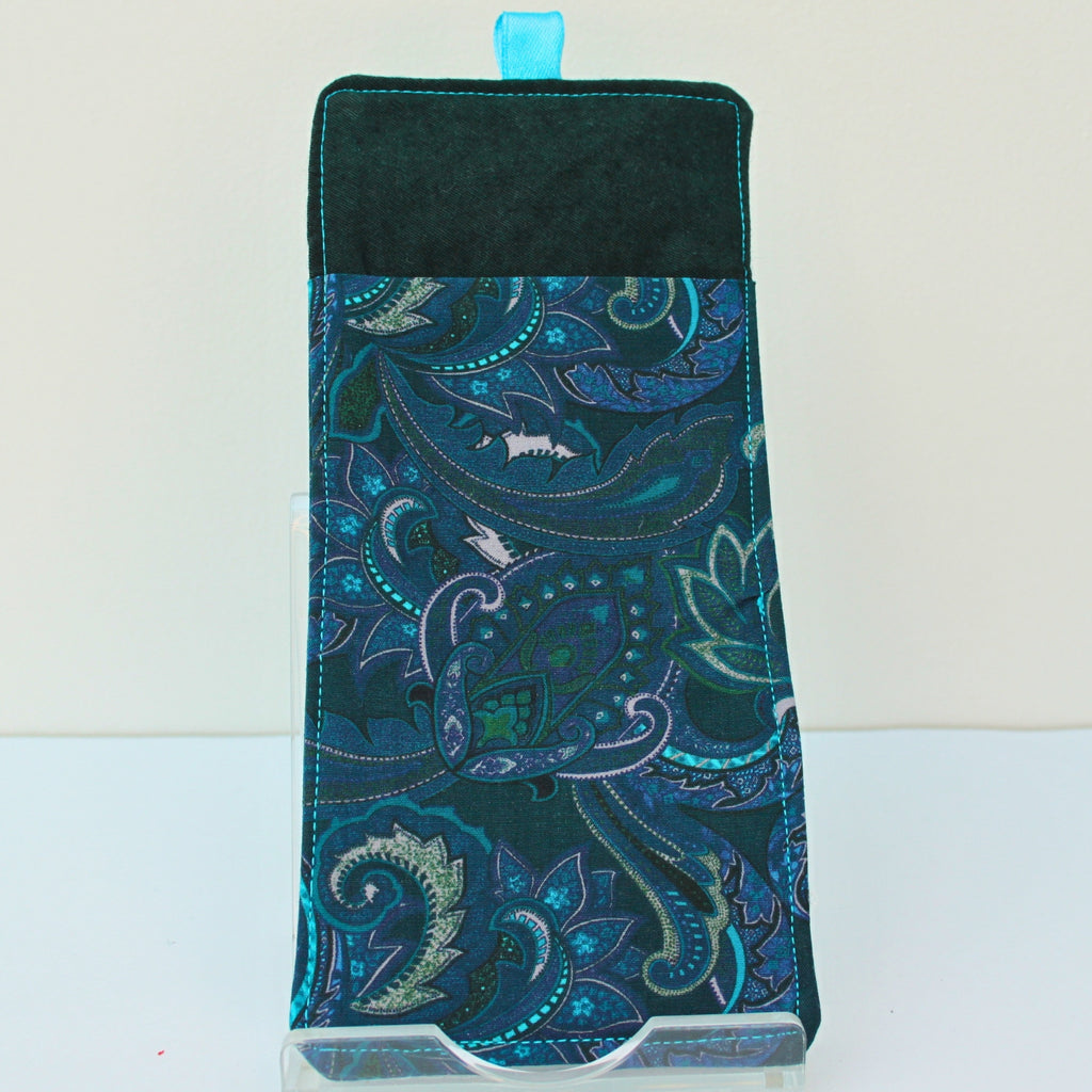 Handmade double sided lanyard pocket in electric blue and pink paisley with dark green inners, electric blue ribbon — Dark Star Stitches