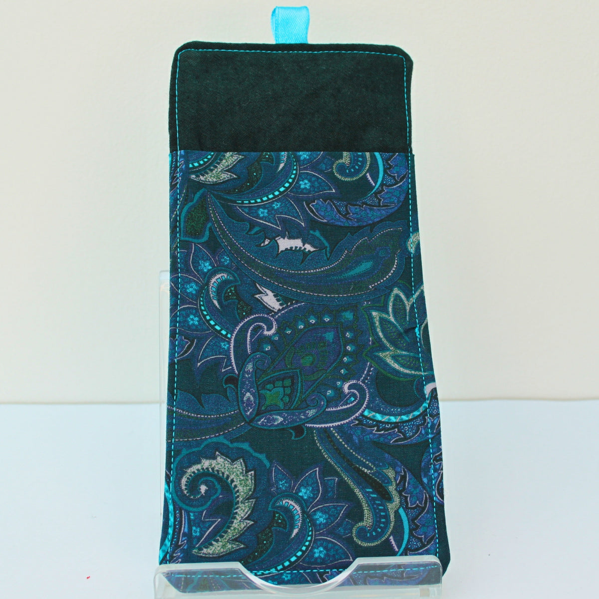Handmade double sided lanyard pocket in electric blue and pink paisley with dark green inners, electric blue ribbon — Dark Star Stitches